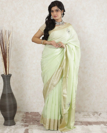 Mint green premium pure cotton silk saree with gold border weave having stone work in floral design-D13486 Regal Fabrics