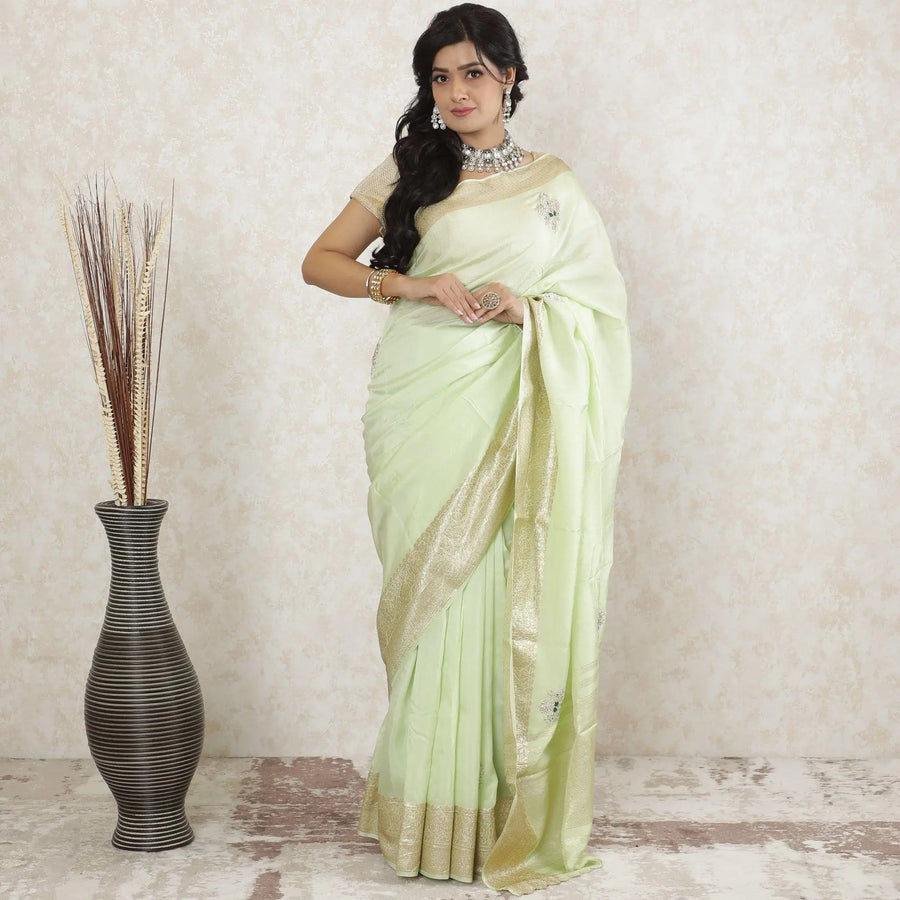Mint green premium pure cotton silk saree with gold border weave having stone work in floral design-D13486 Regal Fabrics