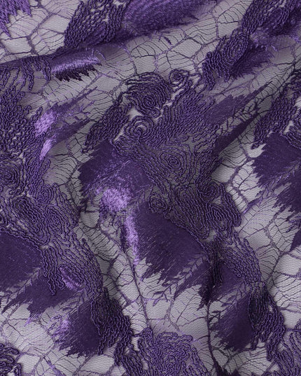 Purple nylon tulle fabric with same tone, lavender embroidery in fancy design