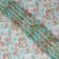 Sea blue Premium pure silk chiffon fabric with multicolor print having neon green metallic lurex in floral design-D15463