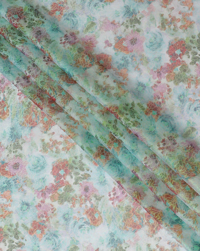 قماش شيفون من الحرير الخالص باللون الأزرق البحري مع طباعة متعددة الألوان مع لوريكس معدني أخضر نيون بتصميم زهور-D15463