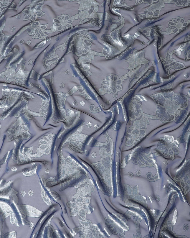 Blue Premium French (Fransawi) pure silk chiffon fabric with silver metallic lurex in floral design-D8331
