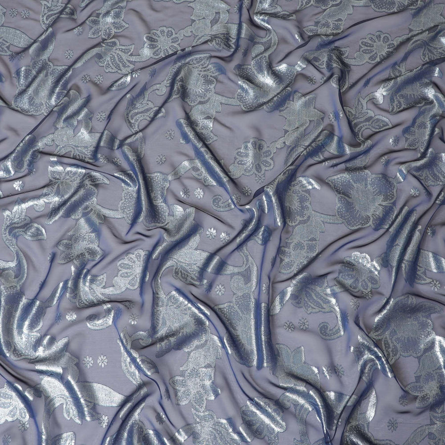 Blue Premium French (Fransawi) pure silk chiffon fabric with silver metallic lurex in floral design-D8331