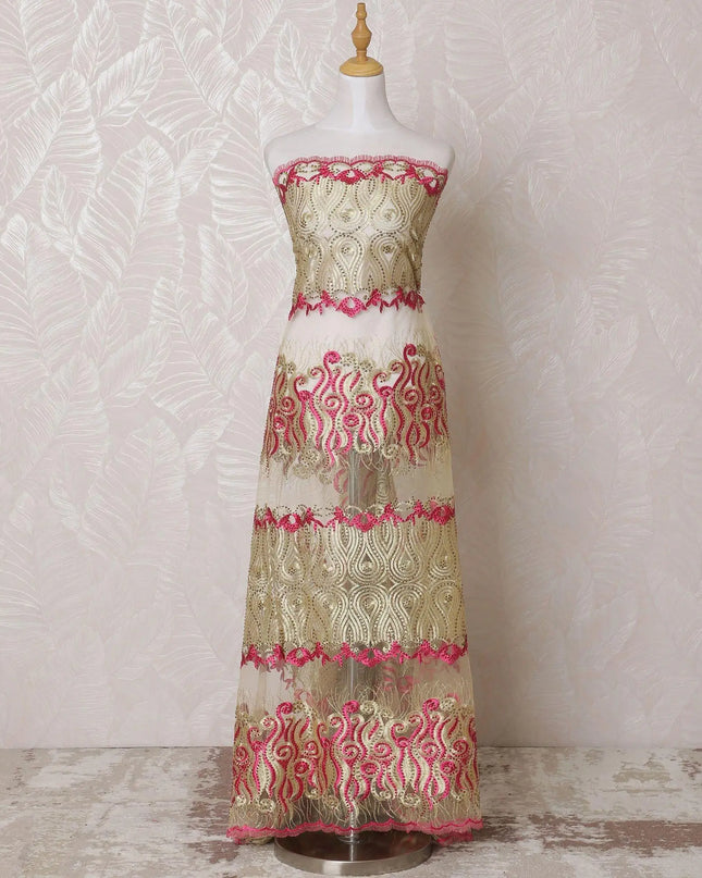 Gold nylon tulle fabric with same tone, hot pink embroidery having stone work in fancy design-D14764 Regal Fabrics
