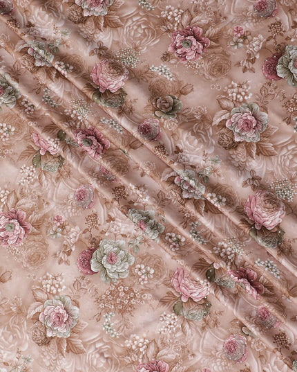 Brown synthetic crepe fabric with multicolor print having stone work in floral design-D15310