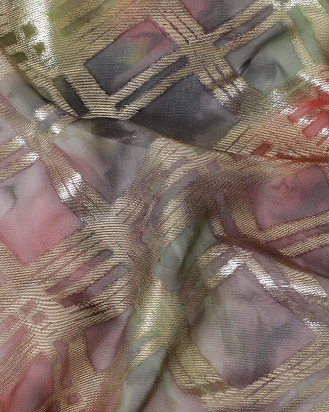 قماش شيفون من الحرير الخالص متعدد الألوان مع لوريكس معدني ذهبي بتصميم مربعات -D11410
