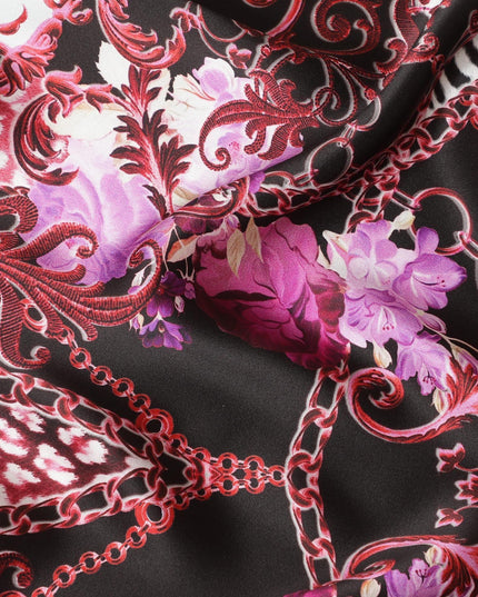 Black premium pure Italian silk satin fabric with multicolor print in floral design-D13746