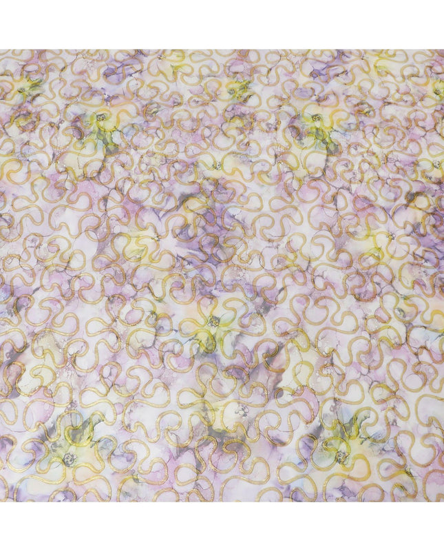 قماش شيفون من الحرير الخالص متعدد الألوان مع لوريكس معدني ذهبي بتصميم تجريدي-D13712