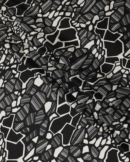 Black Premium Italian viscose fabric with cream print in abstract design-D12522