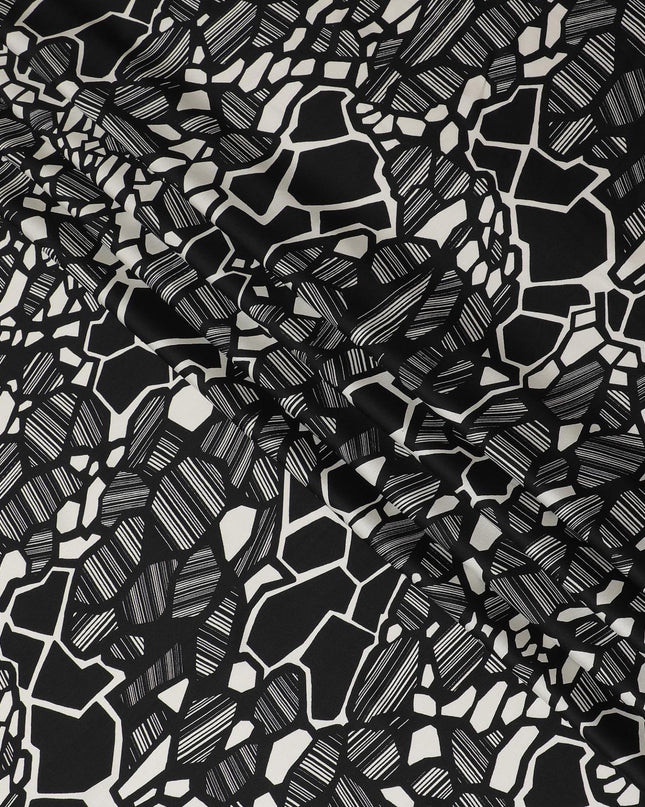 Black Premium Italian viscose fabric with cream print in abstract design-D12522