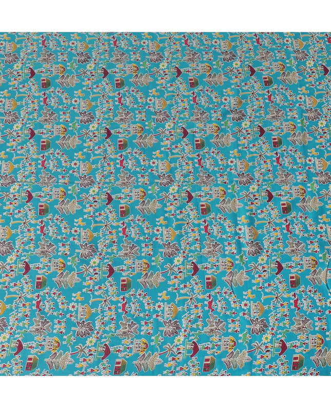 Turquoise blue cotton voile fabric with multicolor print in fancy design-D15419