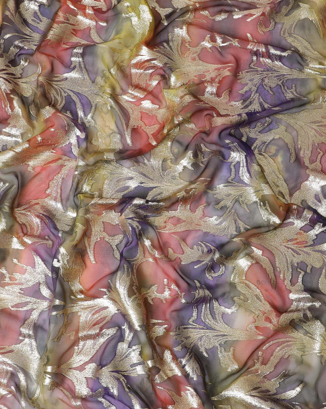 شيفون من الحرير الخالص متعدد الألوان مع لوريكس معدني ذهبي بتصميم أوراق الشجر -D11386