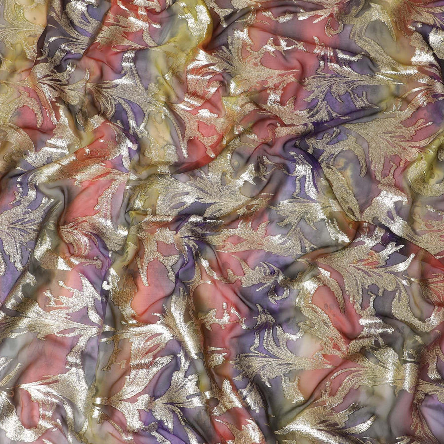 Multicolor Premium pure silk chiffon with gold metallic lurex in leaf design-D11386