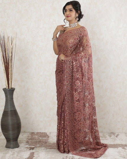 نحاس بورجوندي، دانتيل الساري الفرنسي شانتيلي المعدني النقي الذهبي الفاخر مع عمل حجري بتصميم الأزهار-D13514