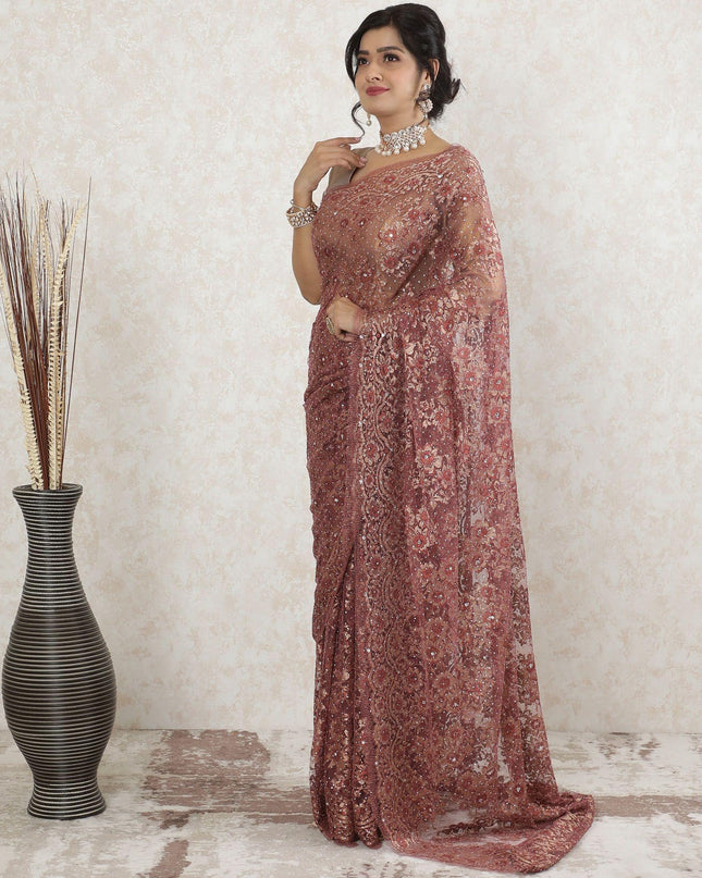 نحاس بورجوندي، دانتيل الساري الفرنسي شانتيلي المعدني النقي الذهبي الفاخر مع عمل حجري بتصميم الأزهار-D13514