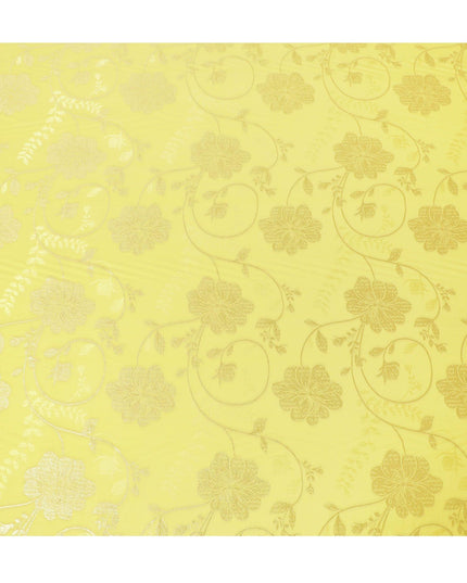 Lemon yellow Premium pure silk crepe fabric having same tone jacquard and gold metallic lurex in floral design-D14299