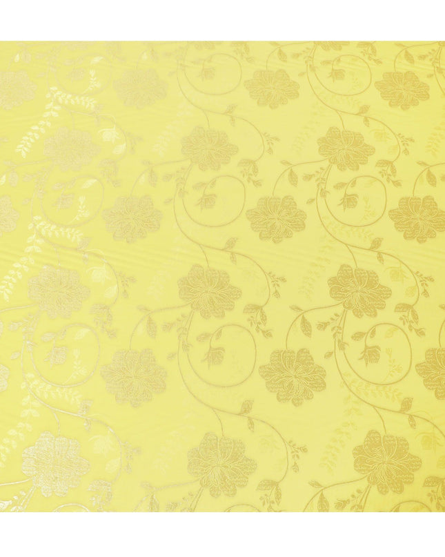 قماش كريب من الحرير الخالص الفاخر باللون الأصفر الليموني وله نفس لون الجاكار والوركس المعدني الذهبي بتصميم الأزهار - D14299