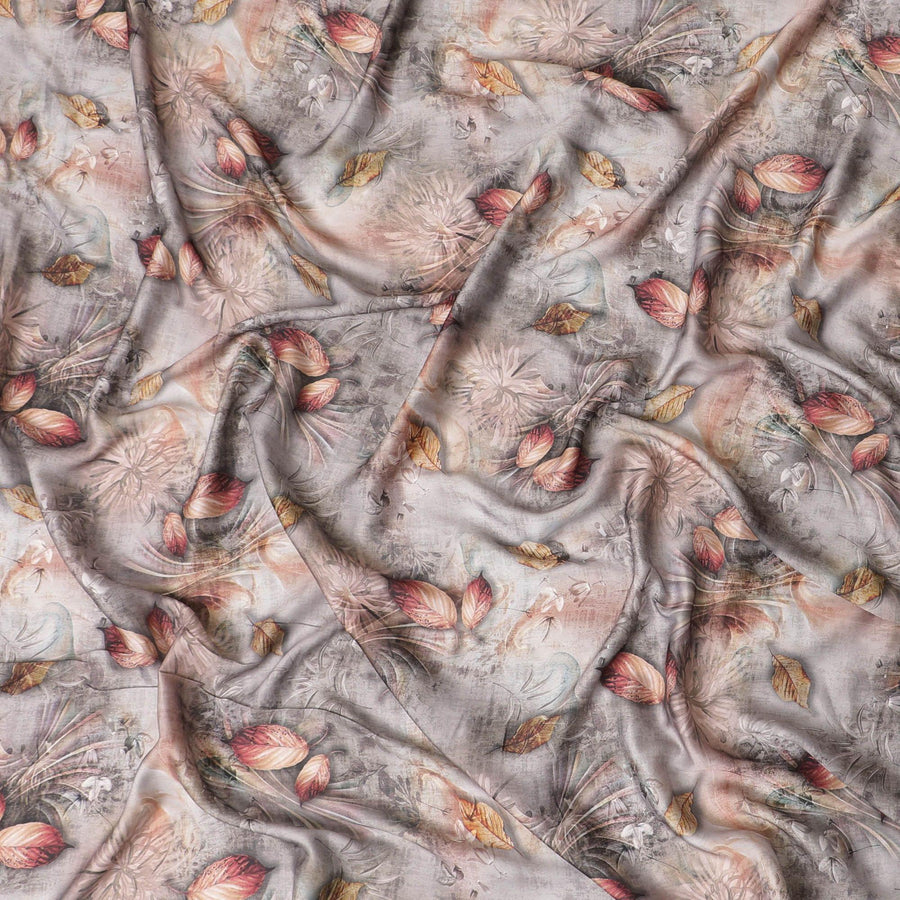 قماش ساتان صناعي بني فاتح مع طباعة باللون البني الفاتح والأحمر القرمزي والبيج بتصميم فاخر-D10272