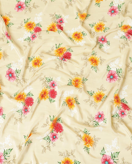 Beige premium pure silk crepe fabric with multicolor print in floral design-D9397
