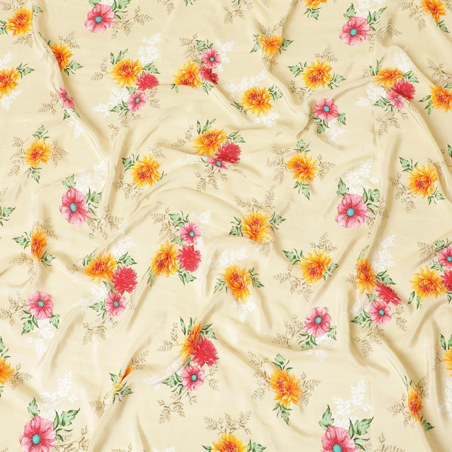 Beige premium pure silk crepe fabric with multicolor print in floral design-D9397