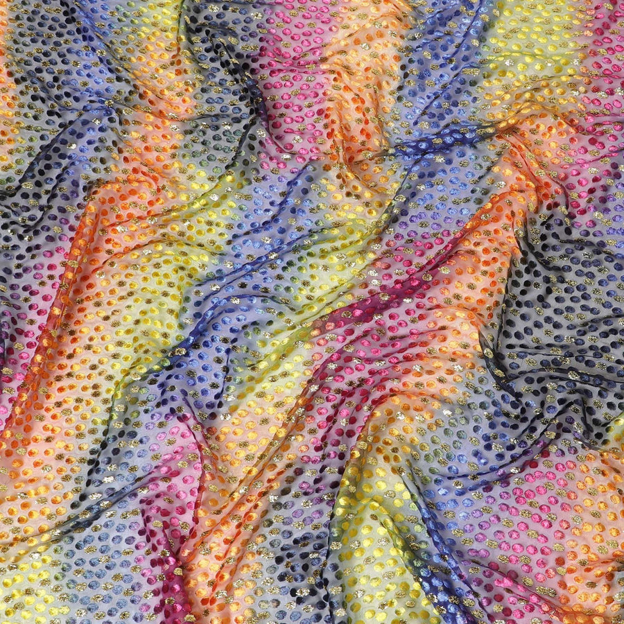 قماش شيفون حريري متعدد الألوان مطبوع يدويًا مع لوركس معدني ذهبي ومخمل بتصميم فاخر لديراك - D9838
