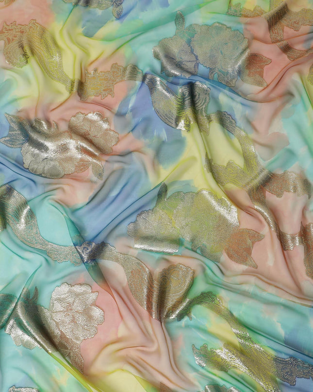 قماش شيفون حريري فرنسي (فرنساوي) فاخر متعدد الألوان مع لوركس معدني ذهبي بتصميم زهور-D14017