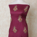 Jam purple blended cotton lawn fabric with beige pearls, gold and red embroidery in floral design-D12110
