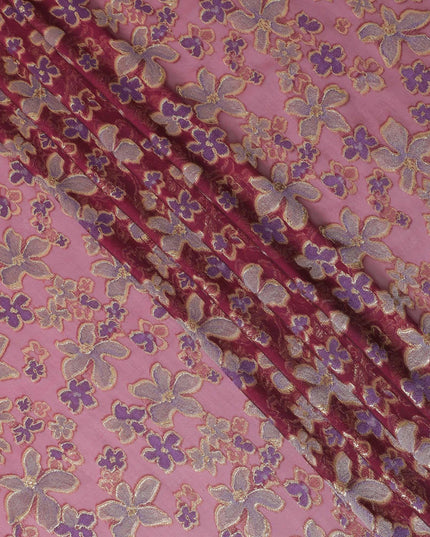 قماش من الشيفون الحريري النقي المتغير الفاخر باللون العنابي مع الفيسكوز الأرجواني مع اللوريكس المعدني الذهبي بتصميم الأزهار -D14649