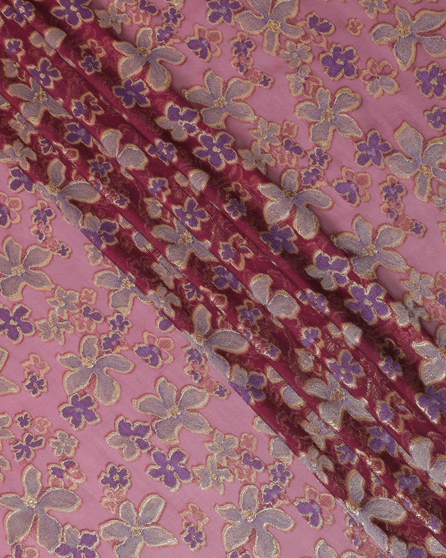 قماش من الشيفون الحريري النقي المتغير الفاخر باللون العنابي مع الفيسكوز الأرجواني مع اللوريكس المعدني الذهبي بتصميم الأزهار -D14649