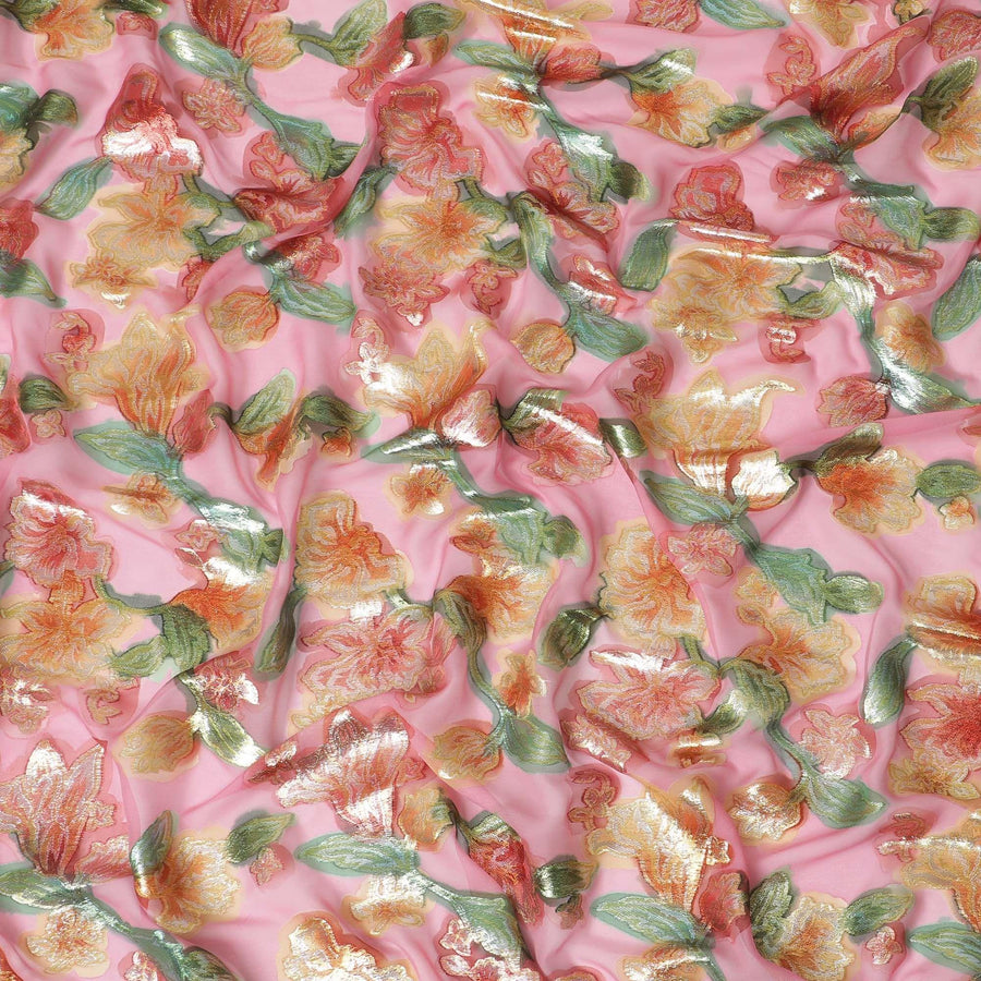 Rose pink premium pure silk chiffon fabric with multicolor hand printed and metallic lurex in floral design-D10429