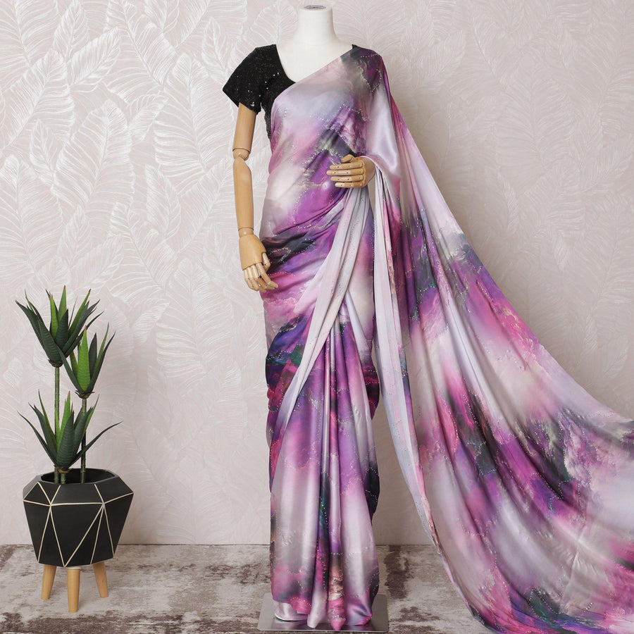 Multicolor printed synthetic satin saree having stone work in fancy deisgn-D15516