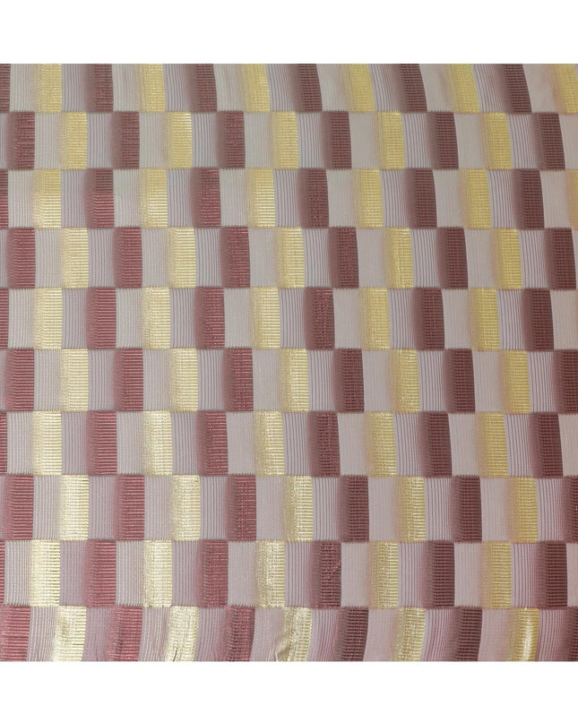 Light pink premium pure silk chiffon fabric with gold and copper metallic lurex in checks design-D11492