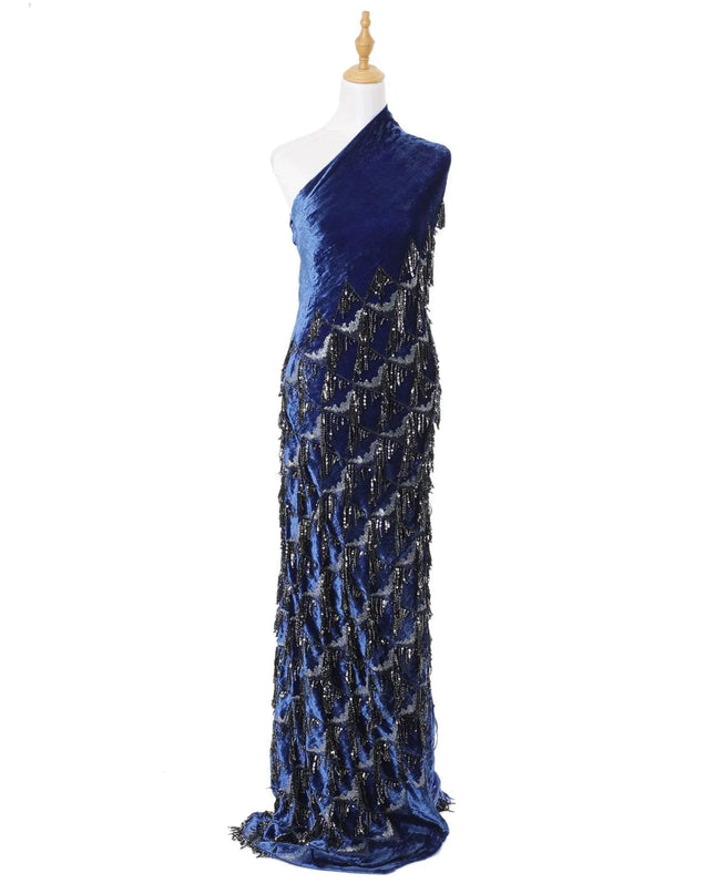 Royal blue silk blended velvet fabric with black embroidery having black and silver sequins in fancy design-D6085 Regal Fabrics
