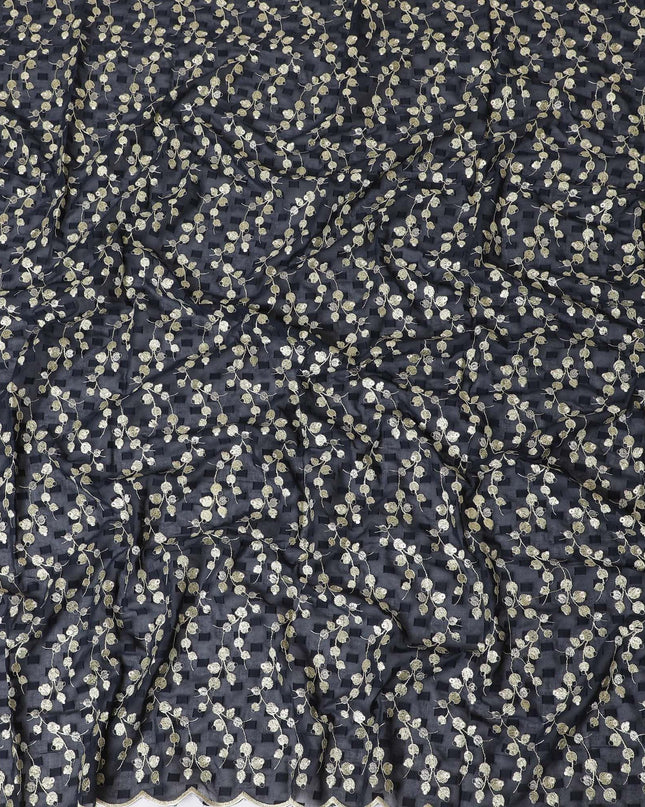 قماش الفوال القطني الخالص (الثوب السوداني) باللون الأزرق الداكن مع نفس مشبك الحبل مع تطريز أصفر وذهبي أشقر بتصميم الأزهار-D13824