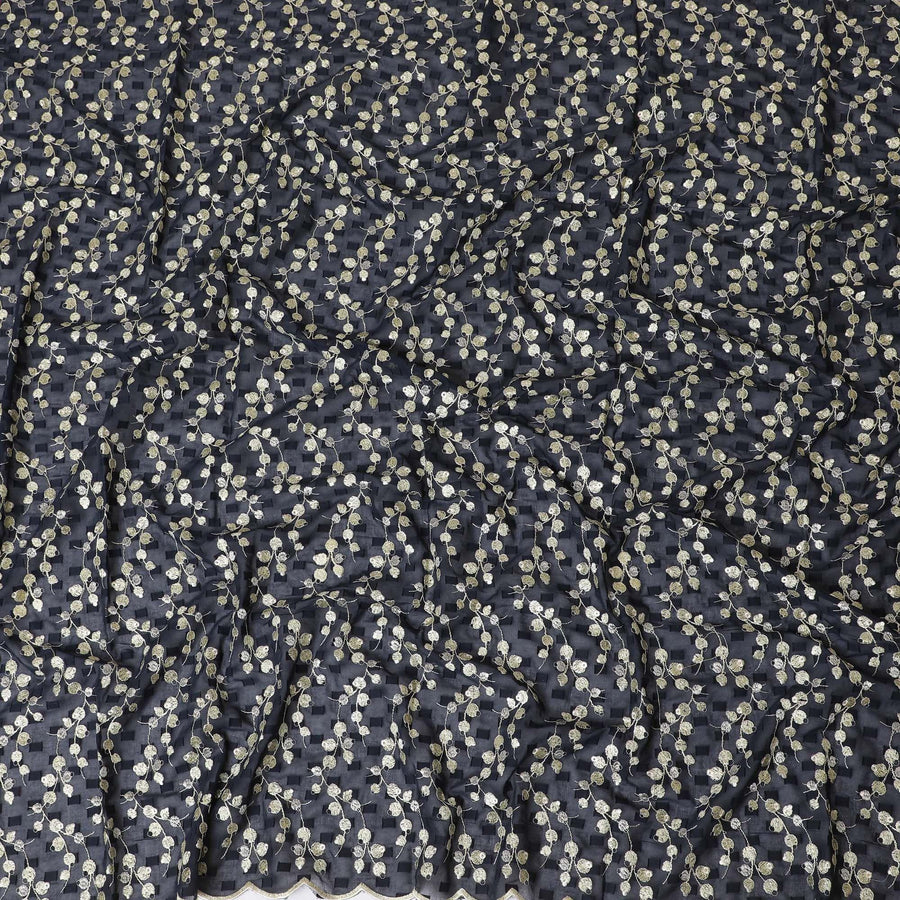 قماش الفوال القطني الخالص (الثوب السوداني) باللون الأزرق الداكن مع نفس مشبك الحبل مع تطريز أصفر وذهبي أشقر بتصميم الأزهار-D13824