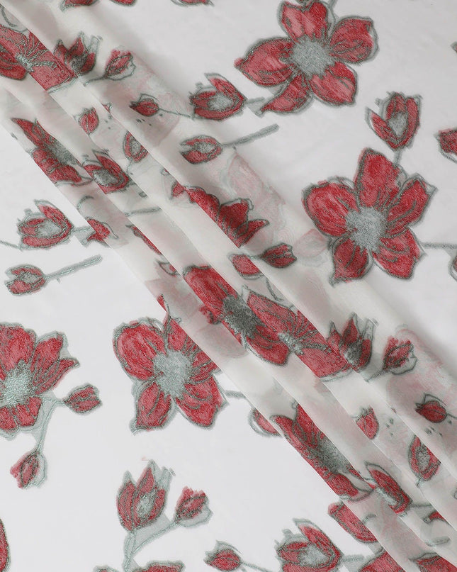 قماش شيفون حريري فرنسي (فرنساوي) فاخر باللون الأبيض الفاتح مع فيسكوز أحمر قرمزي مع زجاجة من اللوريكس المعدني الأخضر بتصميم الأزهار-D14058