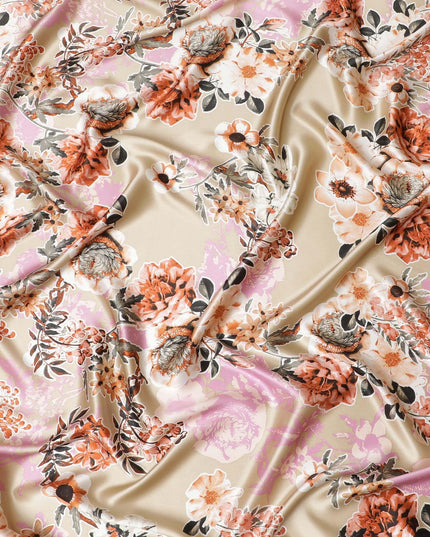 قماش ساتان حريري خالص ذهبي مع طباعة متعددة الألوان بتصميم زهور-D11038