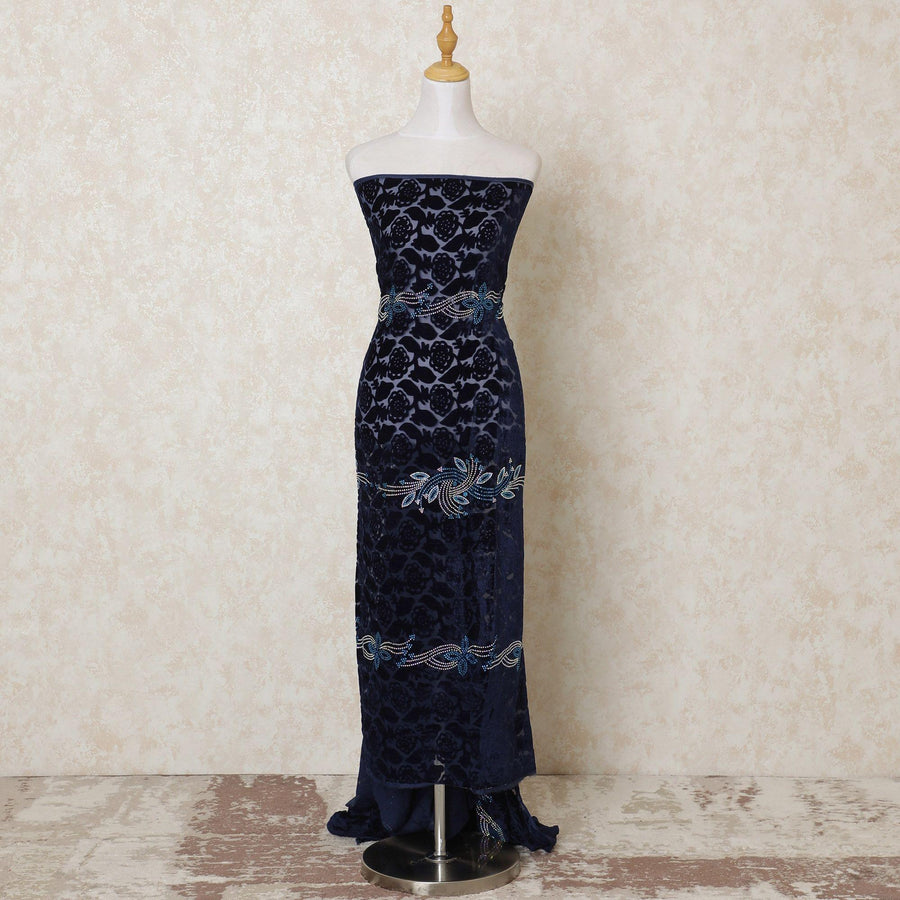 Navy blue silk blended burnout velvet fabric with stone work in floral design-D13943