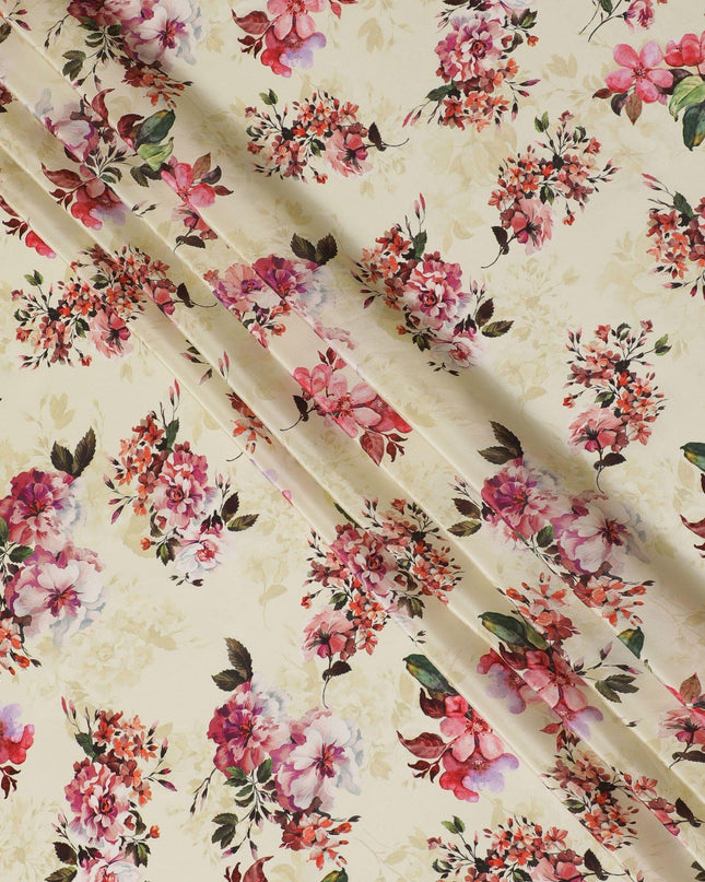 Beige synthetic crepe fabric with multicolor print in floral design-D14458