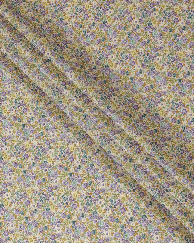 Beige cotton lawn fabric with multicolor print in floral design-D15213