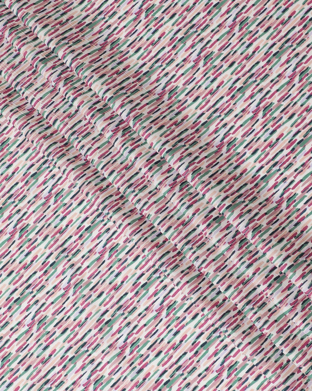 Off white cotton lawn fabric with pink, peach and green print in fancy design-D15229