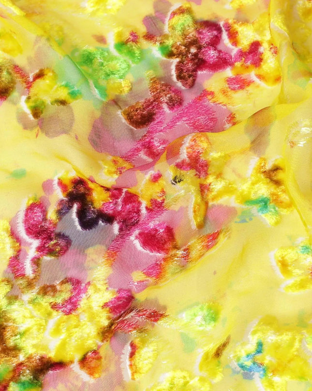 Sunflower yellow Italian Premium silk chiffon dirac (makmal) fabric with multicolor print and velvet jacquard in floral design-D8661 Regal Fabrics