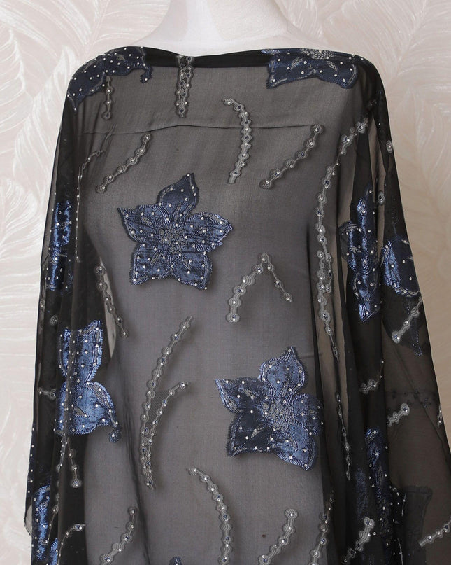 Black Premium pure French (Fransawi) silk chiffon dirac fabric with grey viscose having blue metallic lurex and stone work in floral design-D15132