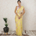 Sun flower yellow Premium pure French silk chiffon saree with baby pink viscose and gold metallic lurex in floral design-D12577