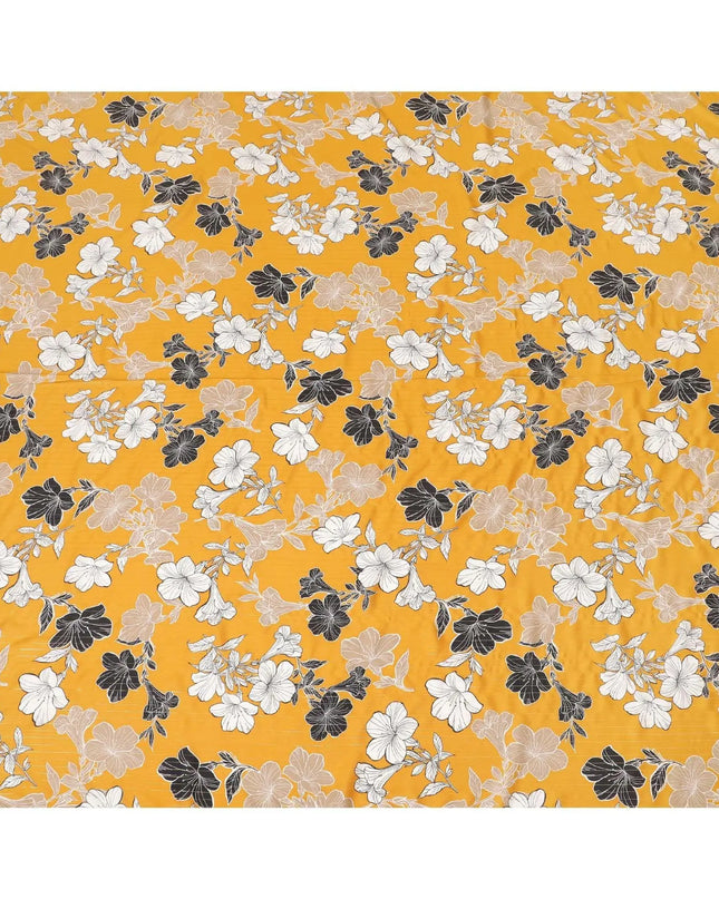 Mustard yellow Italian viscose fabric with black, pale brown and off white print having golden metallic lurex stripe in floral design-D7904 Regal Fabrics