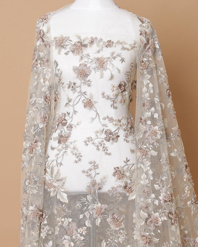 Light gold Premium wedding nylon tulle fabric with same tone, rose pink embroidery and pearls in floral design-D7913