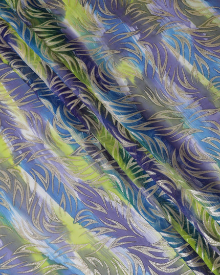 Multicolor premium pure silk chiffon fabric with gold metallic lurex in abstract design-D14072