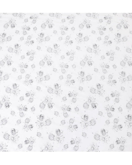 White cotton lawn with grey digital prints in floral design-D11296