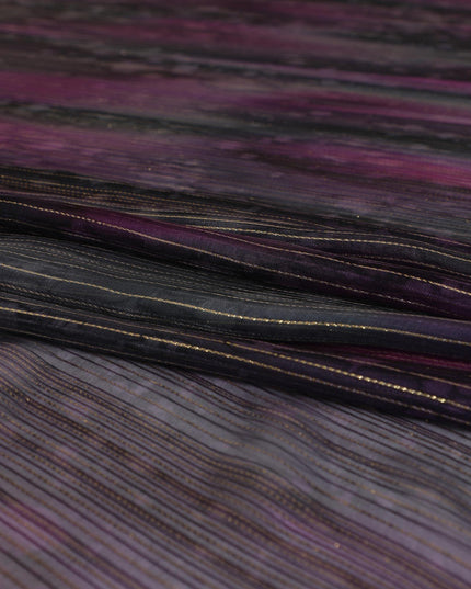 Black premium pure silk chiffon fabric with pink print having gold metallic lurex in stripe design-D9045