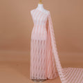 Light pink nylon tulle fabric with same tone embroidery in stripe design-D9188